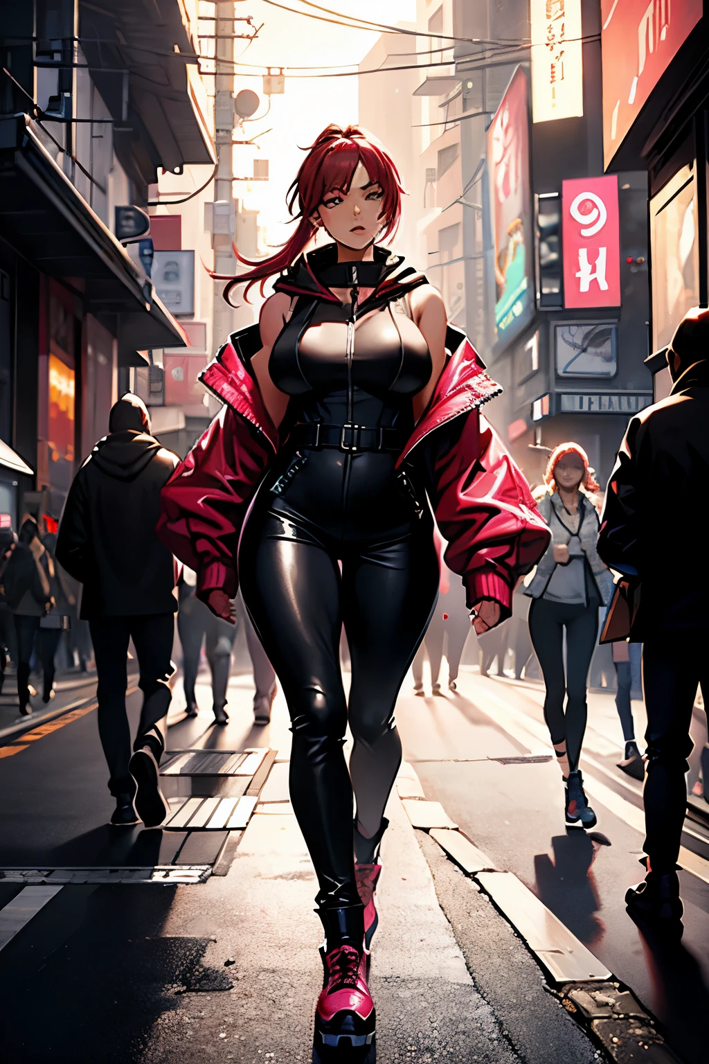 A stunning full-length image of a red-haired woman, hair in a ponytail, her bright eyes shining with intrigue, full lips painted red, chiseled physique and wide hips. She wears a closed black leather jumpsuit, whose shiny surface accentuates her shape. A windbreaker with a hood and a neon pink interior covers her shoulders and on her feet she wears 15 cm platform shoes. Walking down a busy street, she attracts admiring glances from onlookers. This image exudes realism, capturing the essence of a fragile and embarrassed figure. Digital art, high definition and photorealistic technique