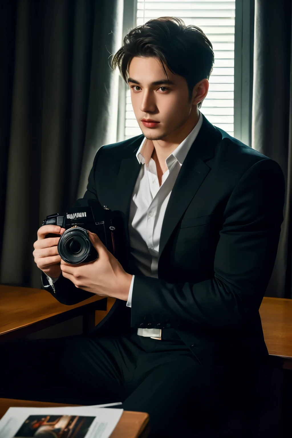 1man, a 25-year-old muscular man, wears a black suit, bodice, soft lighting, masterpiece, best quality, 8k ultra high definition, DSLR camera, film grain, Midjourney and greg rutkowski's Fujifilm XT3 realistic drawing art