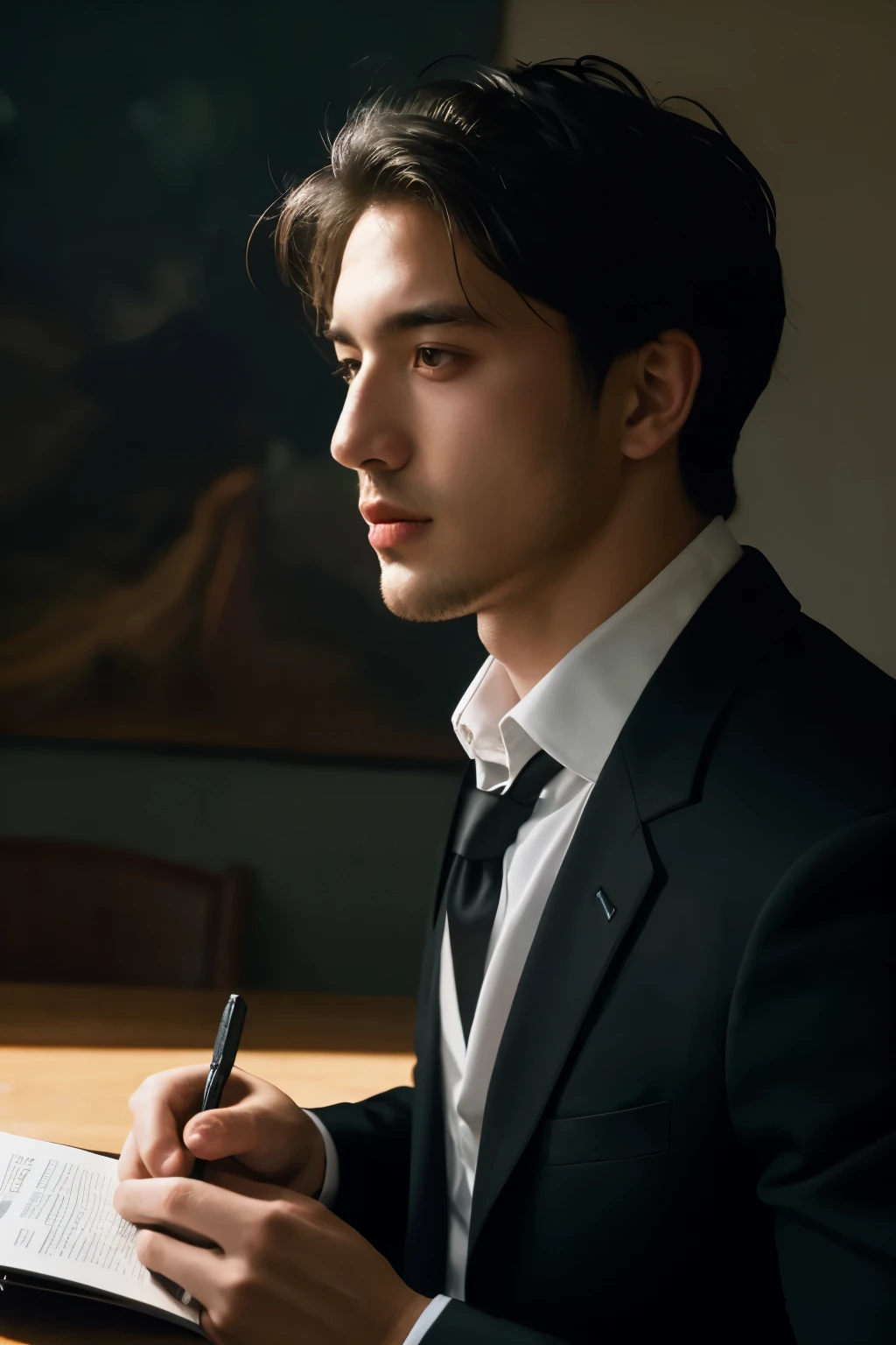 1man, a 25-year-old muscular man, wears a black suit, bodice, soft lighting, masterpiece, best quality, 8k ultra high definition, DSLR camera, film grain, Midjourney and greg rutkowski's Fujifilm XT3 realistic drawing art