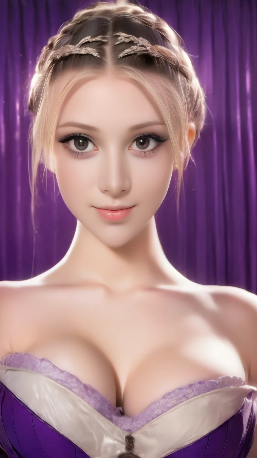 a close up of a woman in a dress posing for a picture, in a room with a purple wall, a portrait by Radi Nedelchev, shutterstock, art nouveau, in the glamour style, glamor hairstyle, dressed like in the 1940s, very beautiful style, very beautiful young woman, retro and ethereal, wearing an elegant outfit, elegant fashion model, young woman in a dress