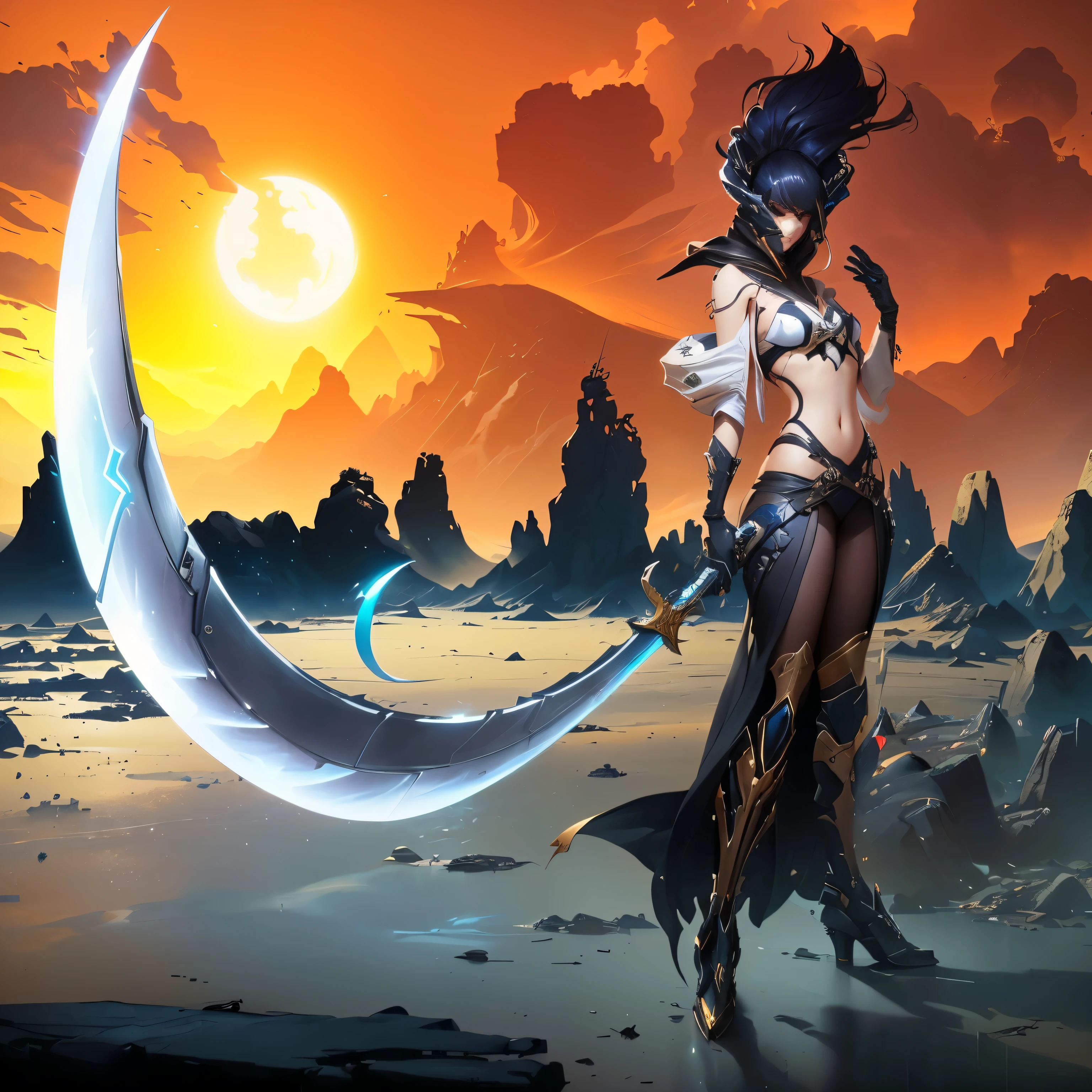 anime girl with a sword standing in front of a crescent, mohrbacher, style of duelyst, peter mohrbacher. unreal engine, of a beautiful saryn warframe, in the art style of mohrbacher, 2. 5 d cgi anime fantasy artwork, of a beautiful female warframe, guilty gear strive splash art, peter mohrbacher artstyle