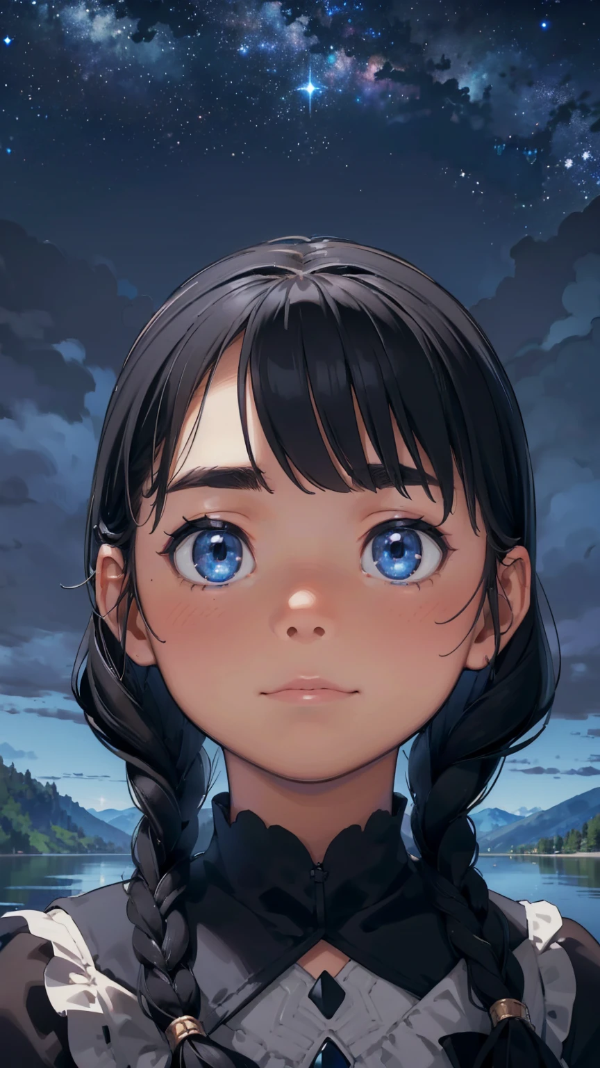 8K quality,(super masterpiece:1.3),highest quality,Detailed Images,1 female,symmetrical beauty,20th Generation,Medium build(Black Hair,Curly Hair,With bangs,Two braids),(Thick eyebrows,Thick eyebrows),(Blue Eyes,blue eyes),(Fantastic night sky background,Star of the sky,Lake at night,Lake at night畔),(Face directly towards the camera,Looking directly at the viewer,looking at the camera,The body faces the viewer,The body is facing the direction of the camera,Face looking straight into the camera).