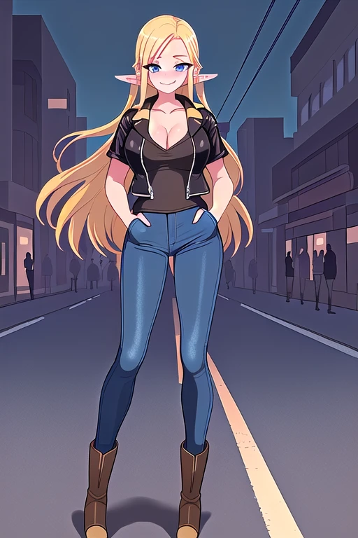 female,((full body)),(((pointed ears))),((((long blonde hair)))),((light blue eyes)),((smiling)),(((black short sleeve leather jacket))),(((clevage))),(((dark blue skinny jeans))),(((brown cowboy boots))),((((slender body)))),((((slender arms)))),((((slender legs)))),(((detailed city streets))),night,((((hands in pockets)))),breasts, large breasts, huge breasts, cleavage, slim waist,round eyes,blush, embarrassed
