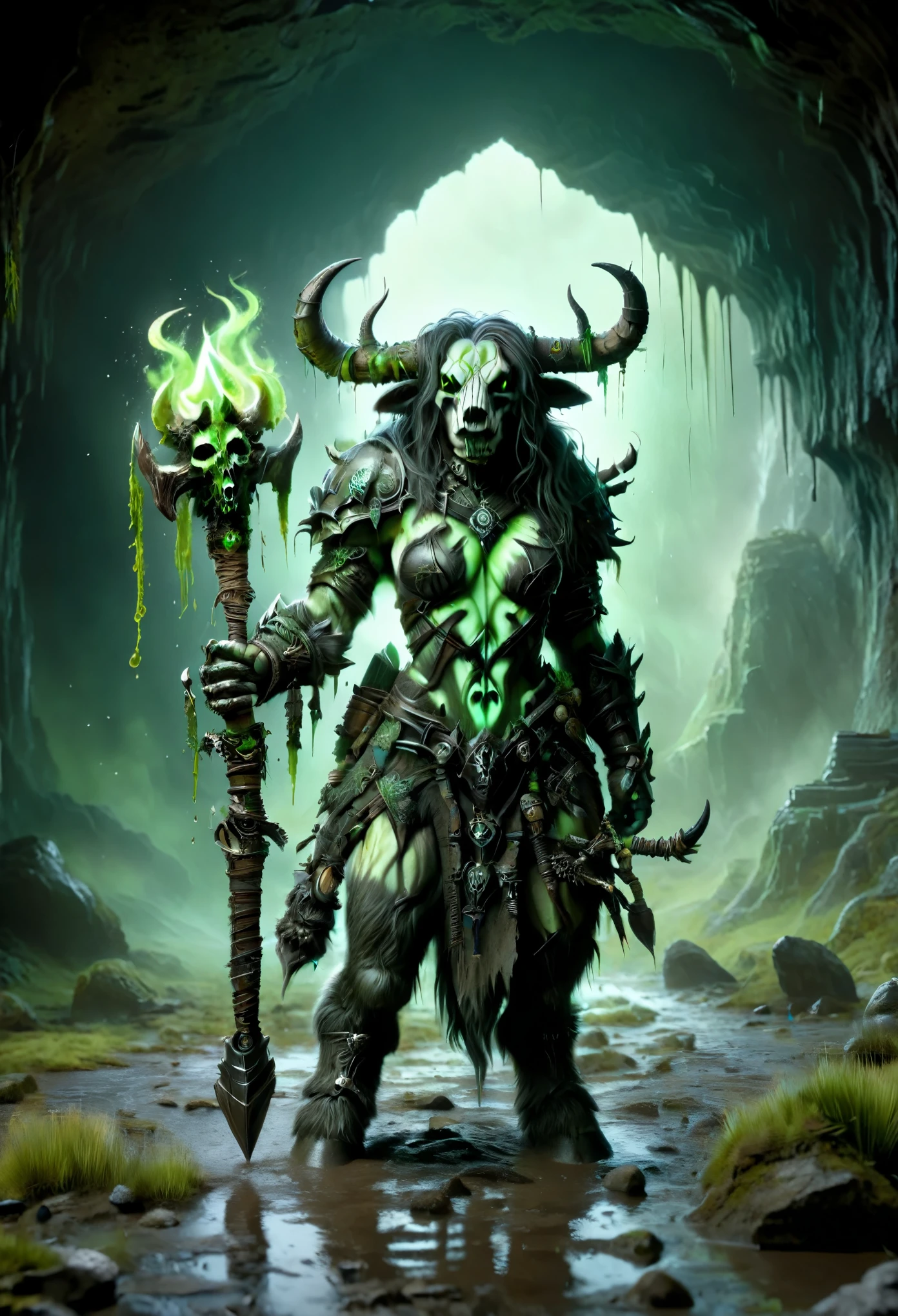 tauren, female tauren death knight, death knight outfit, Heavy armor with skulls, Heavy armor, dark theme, holding a sword in front of his body, war paint on her face, big horns, Standing in a cave, in dripping puddles of glowing green mud, high saturation background