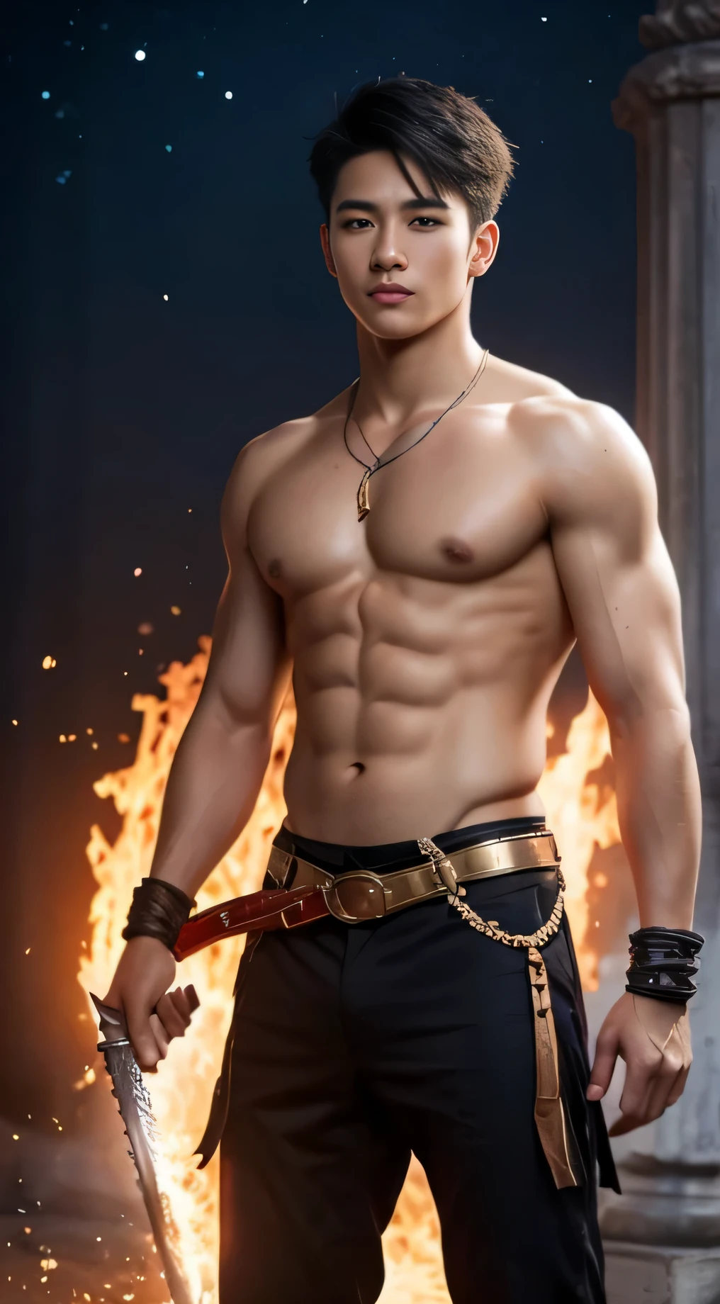 A asian boy like Mighty Archangel Michael,19 years old, handsome, Full Body Shoot, Short Quiff hairstyle, (eyes contact), look at camera, detailed facial parts, Manly, with a muscular constitution :: high detail, is in battle armor, flaming blue sword of golden pearls, a flaming sacred aura radiating from his body, without wings, moon background, surreal, fantasy, magical, intricate details, (dynamic upper body posture: 1.1), depth of field. Best quality, masterpiece, ultra high resolution, (anime realism, photorealistic: 1.4), perfect composition, centered, symmetry