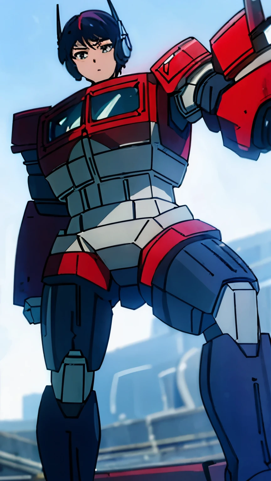 Optimus Prime, Momoe Sawaki, Combined AI, White background, Detailed eyes and face, Long eyelashes, Mechanical features, Powerful pose, Dynamic lighting, Photorealistic style, Vivid colors, Studio lighting, Ultra-detailed, High quality, 4K resolution, [Futuristic], [Robotic], [Heroic], [Epic], [Dynamic], [Sci-fi], [Action-packed], [Masterpiece:1.2]