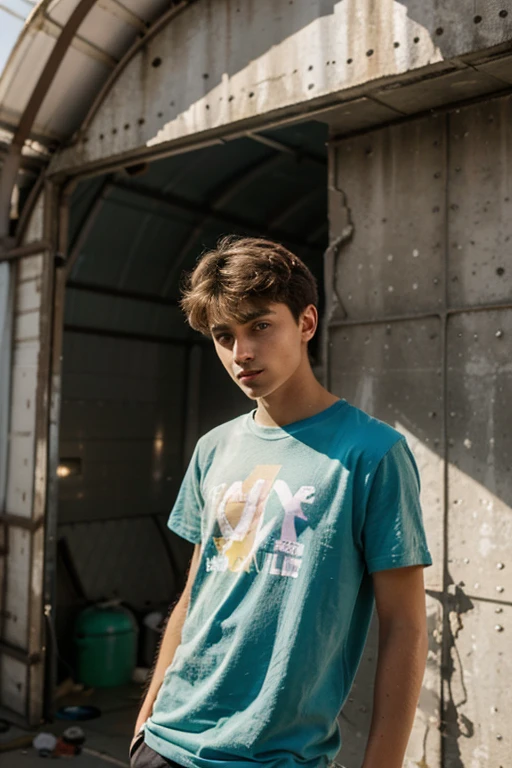 Un homme twink mignon de 19 ans d'1m74 assez fin. He wears a very baggy multi-colored t-shirt in a ball and hides behind a wall in a rusty, fanciful hangar. Il a le regard apeuré. There is a light from the sunset reflecting on his skin.