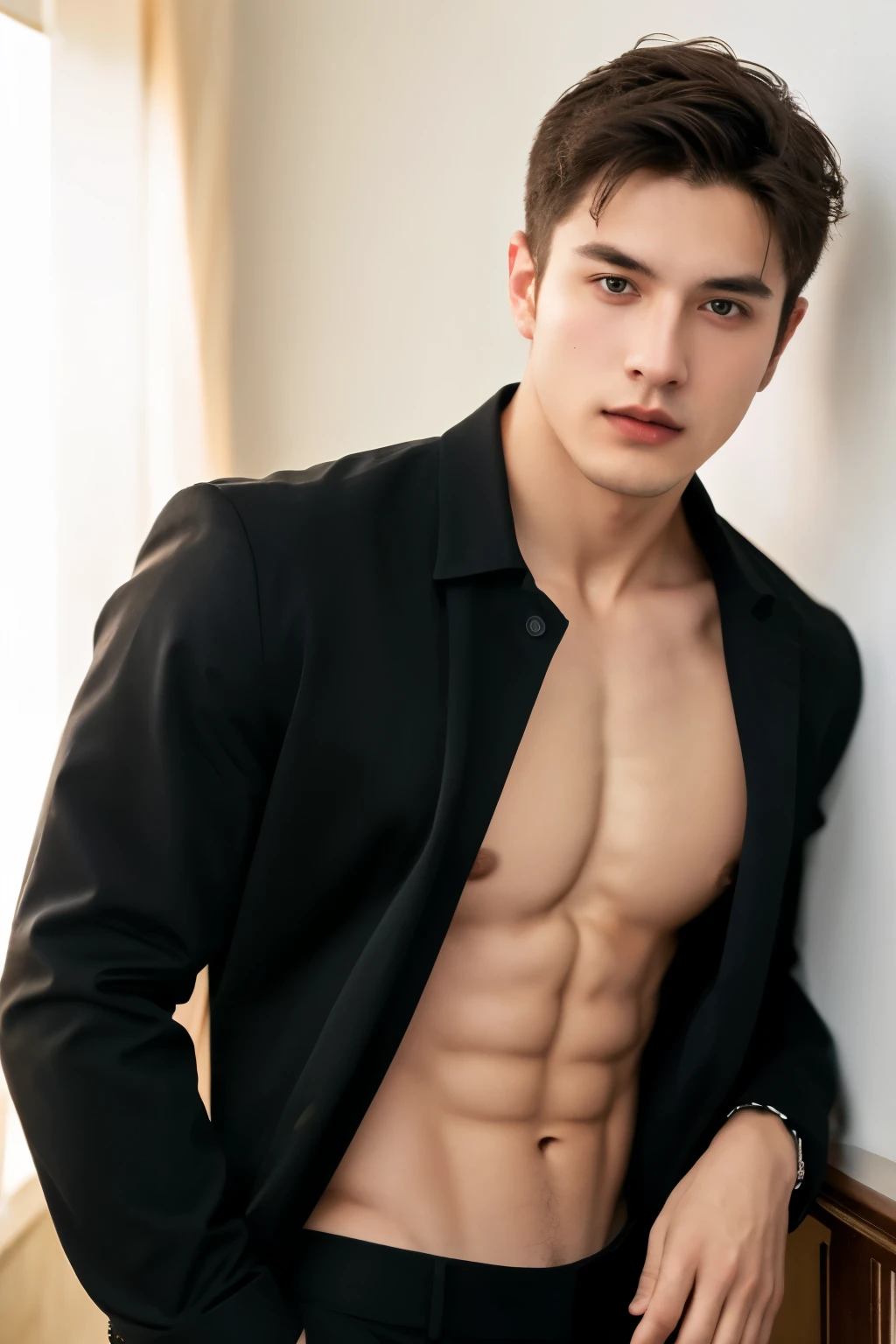 1man, a 25-year-old muscular man, wears a black suit, no shirt, showing his six packs, bodice, soft lighting, masterpiece, best quality, 8k ultra high definition, DSLR camera, film grain, Midjourney and greg rutkowski's Fujifilm XT3 realistic drawing art