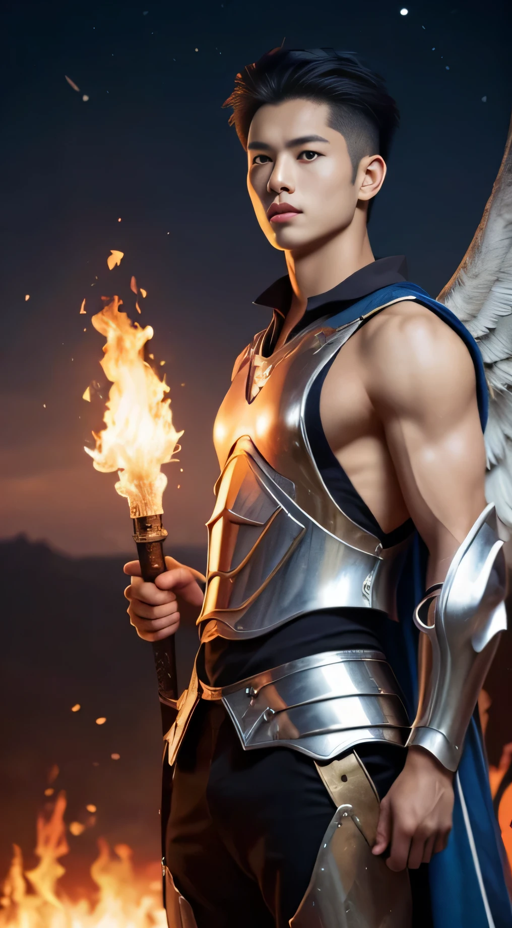 A asian boy like Mighty Archangel Michael,19 years old, handsome, Full Body Shoot, Short Quiff hairstyle, (eyes contact), look at camera, detailed facial parts, Manly, with a muscular constitution :: high detail, is in battle armor, flaming blue sword of golden pearls, a flaming sacred aura radiating from his body, without wings, moon background, surreal, fantasy, magical, intricate details, (dynamic upper body posture: 1.1), depth of field. Best quality, masterpiece, ultra high resolution, (anime realism, photorealistic: 1.4), perfect composition, centered, symmetry