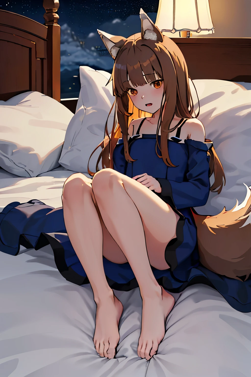 highest quality、High resolution、1 girl、alone、holo、Canine、tooth、Short stature、Narrow shoulders、Thin legs、slender、(Aligning bangs、Light Brown Hair、Wolf Ears、One Tail、holo、Navy Blue Dress、Inn at night、bedroom、(Lying in bed、Lying、Falling with legs together、It has a big tail)
