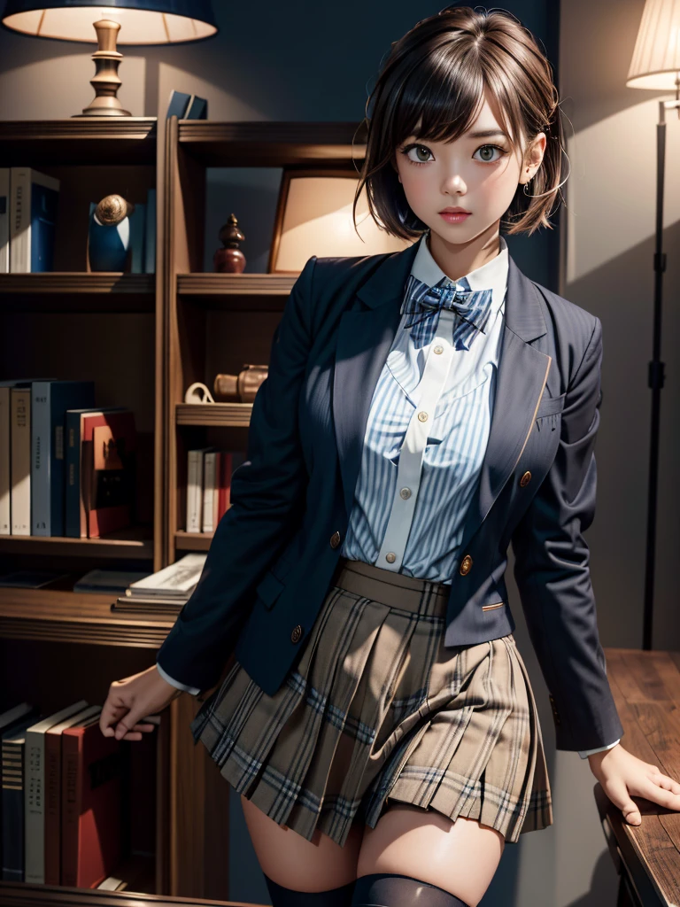 1girl, solo, looking at viewer, blush, short hair, open mouth, bangs, skirt, brown hair, shirt, thighhighs, long sleeves, bow, hair between eyes, brown eyes, , standing, jacket, white shirt, pleated skirt, striped, collared shirt, black thighhighs, indoors, miniskirt, bowtie, blue skirt, zettai ryouiki, book, plaid, dress shirt, blue bow, plaid skirt, arms behind back, blazer, spiked hair, brown jacket, striped bow, bookshelf, blue bowtie, striped bowtie