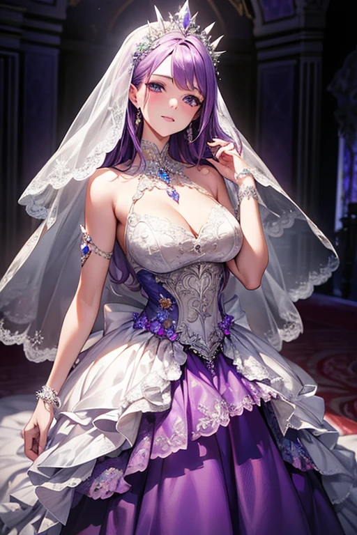 The new purple crystal wedding dress is filled with multi-layer tulle, European-style white patterned marble background wall, fairy tale palace style, and oversized skirt. The neckline and cuffs are decorated with openwork lace elements and jewelry, and the skirt is covered with gorgeous flowers and butterflies. Fantasy, Surreal, HD, Super Detailed, Realistic, High Pixel, Octane Rendering, Cinematic Lighting