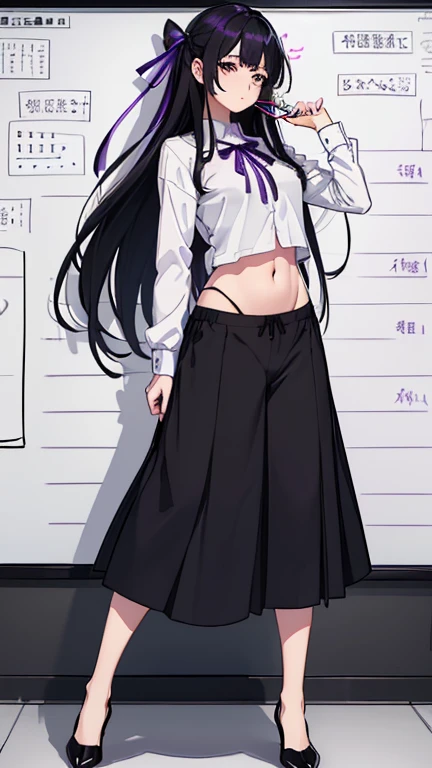 high quality、２０generation((whole body、woman、Black and white long hair、Short shirt with a hem、stomach、I have a pen、Long skirt、Flipping、Pants with purple ribbon、Panties in full view、Clothes are not taken off、Erotic)) background((Whiteboard))Written boundary depth、beautiful