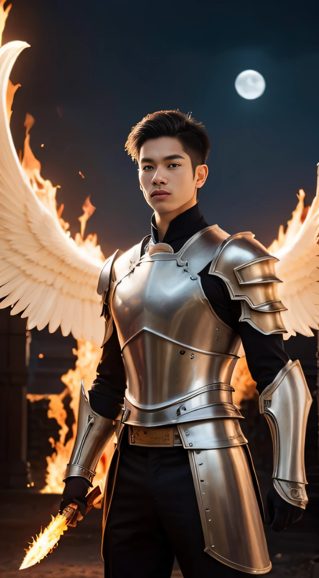 A asian boy like Mighty Archangel Michael,19 years old, handsome, Full Body Shoot, Short Quiff hairstyle, (eyes contact), look at camera, detailed facial parts, Manly, with a muscular constitution :: high detail, is in battle armor, flaming blue sword of golden pearls, a flaming sacred aura radiating from his body, without wings, moon background, surreal, fantasy, magical, intricate details, (dynamic upper body posture: 1.1), depth of field. Best quality, masterpiece, ultra high resolution, (anime realism, photorealistic: 1.4), perfect composition, centered, symmetry