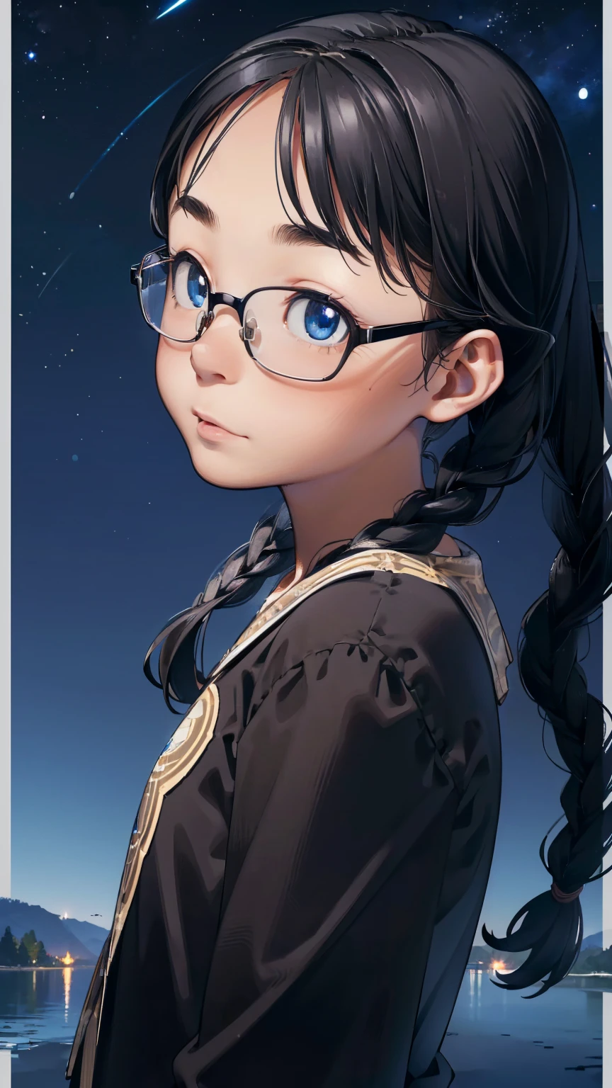 8K quality,(super masterpiece:1.3),highest quality,Detailed Images,1 female,symmetrical beauty,20th Generation,Medium build(Black Hair,Curly Hair,With bangs,Two braids),(Thick eyebrows,Thick eyebrows),(Rimless Glasses,Thin-rimmed glasses,Small glasses),(Blue Eyes,blue eyes),(Fantastic night sky background,Star of the sky,Lake at night,Lake at night畔),(Face directly towards the camera,Looking directly at the viewer,looking at the camera,The body faces the viewer,The body is facing the direction of the camera,Face looking straight into the camera).
