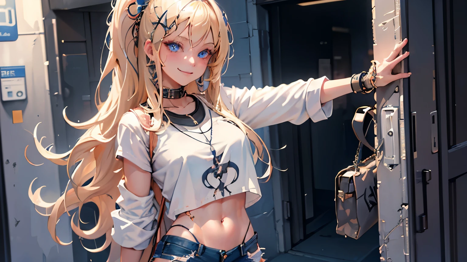 best quality,ultra-detailed,high resolution,extremely detailed cg,anime picture,unity 8k wallpaper, blond hair,blue eyes,long hair,ripped shorts,white shirt,purse,navel,looking at viewer,hair ornament,smile,pov doorway,denim,x hair ornament,cyberpunk,