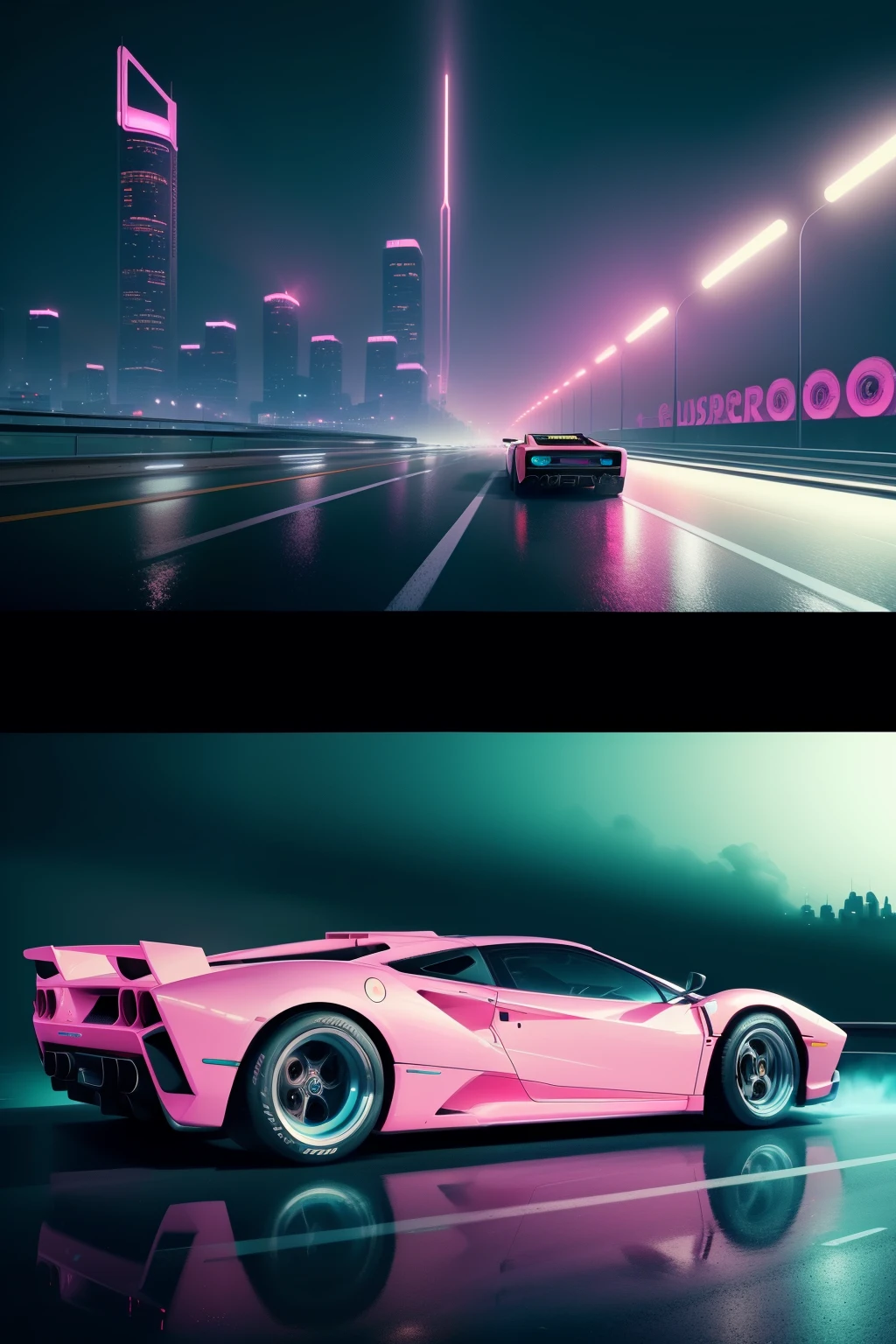 A vapour wave scene of a city with towering, retro-futuristic buildings and a striking highway traversing through its heart. In the foreground, an F40 Ferrari and a Lamborghini Countach, emblematic cars of the 80's, leaving trails of mist as they speed along the wet asphalt. The picture style captures the essence of an 80's aesthetic, with a pastel color palette, neon accents, and a sense of movement and energy. (realism, hyperrealistic, ultra-detailed, sharp focus, cinematic lighting, dramatic lighting, high contrast, film grain, trending on Artstation 8