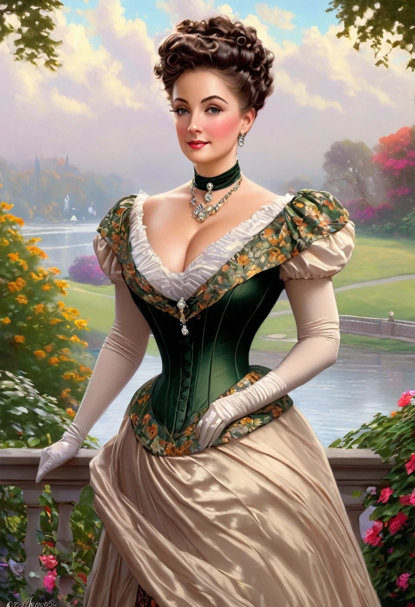 A beautiful Aristacrat woman with large elegant, hawk-like-nose, who embodies old fashioned class, sophistication, elgance as well as wholesome, natural beauty. curvy, thin-waist, wide-hips, swaying-hips. Oppulent historically accurate victorian dress. Greg Rutkowski, Thomas Kinkade