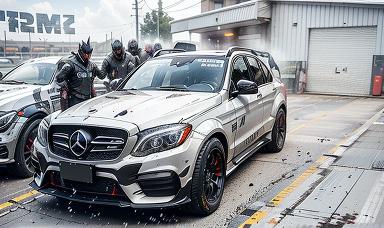 Eight thousand, steel gray body, Mercedes, HD, Mercedes, ,(LB-Works Full Version: walk)、(86 Gas Turbine)、(drift)、Sponsor logo、future、Racing Specifications、(Gorgeous design)、Live Recording、detail、Deep Edge、Wide tires、Track、Turn on the light, A perfect masterpiece, Low resolution, hdr render, Made with photoshop
