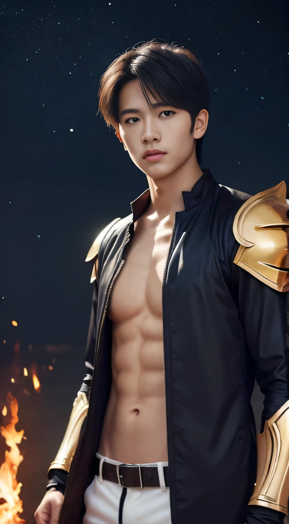 "(Upper body portrait 1.2) 20 year old Saitama is a true masterpiece with masculine beauty, perfect anatomy. When looking into his beautiful eyes, with charming, attractive eyes, his gaze is directed towards towards the viewer, you can clearly see every little detail and every detail. Perfect lines, every little detail on the skin with 8K quality, people are attracted by the confidence radiating from every look , his head has silky hair and his face is drawn in great detail in 8K image quality, the battle in the background, which further increases his confidence.”