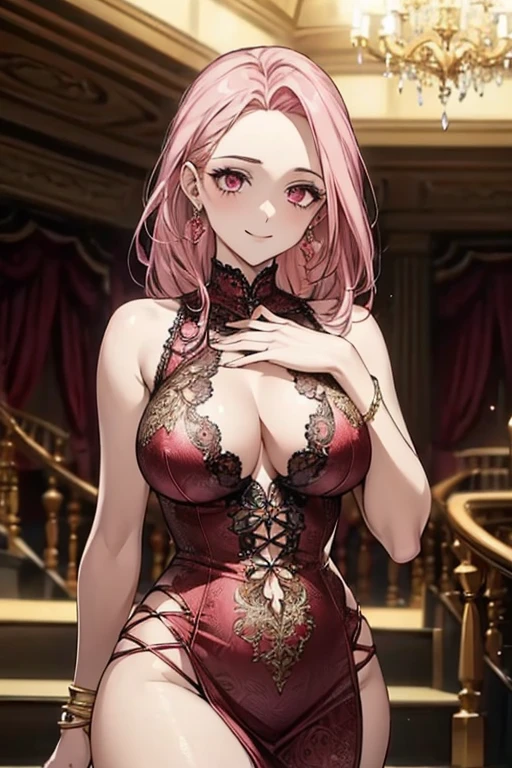 ((Beautiful red and gold tight dress)), Lace covering the chest,The most beautiful woman in the world,vest style,Half Up Hair,Pink Hair,Pink Eyes,(A shy smile),Big Breasts,(luxury cabaret),compensate,expose forehead,bracelet,Earrings