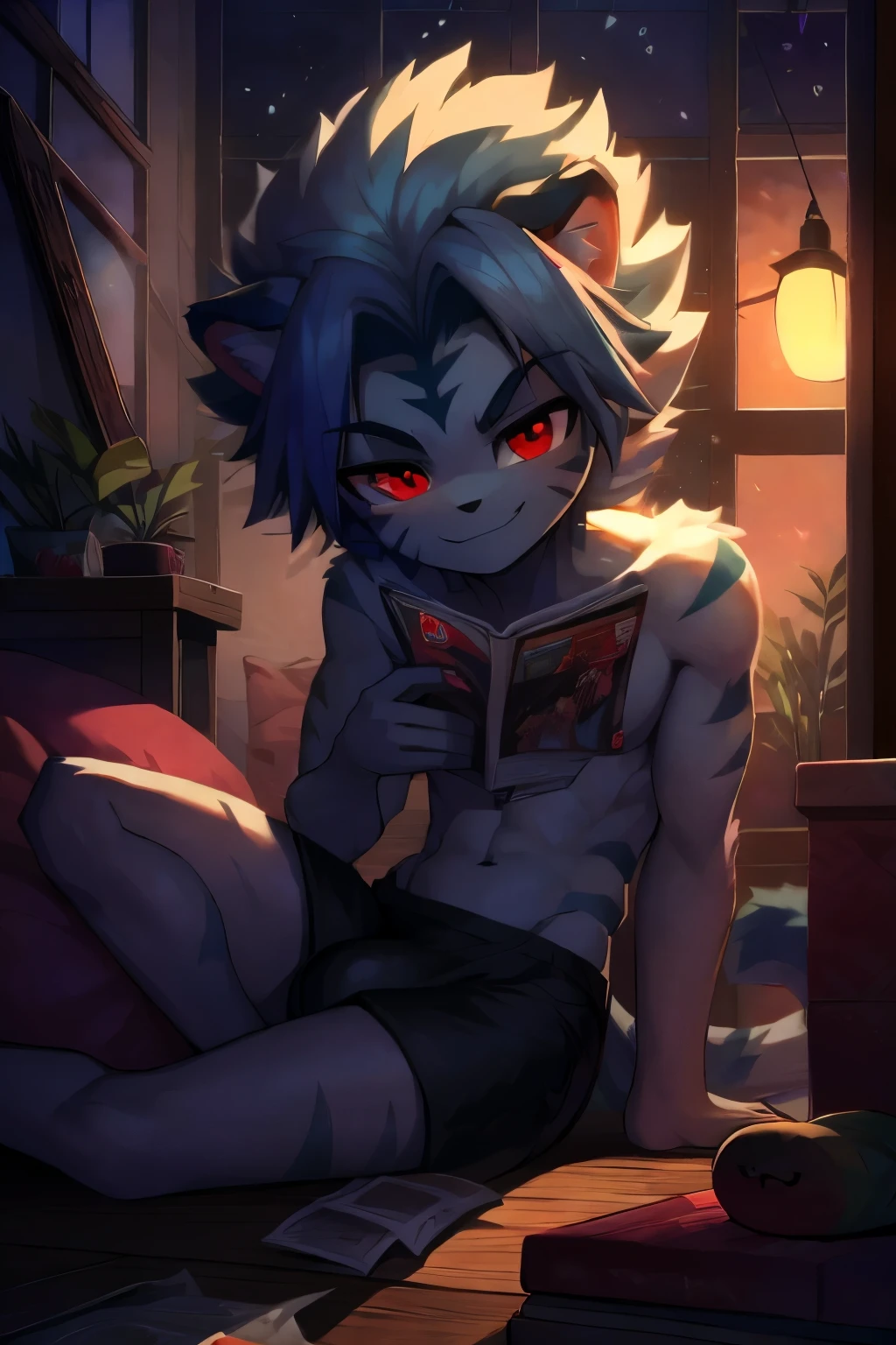 kogenta (Onmyou Taisenki) lying with his stomach on the ground while reading comics, read comics, young anthro male white tiger with dark blue stripes, slim, very slim, very thin waist, cute, plants, pillows, light falling through the window, reading a book, books, juice pack, shorts, muscular, fluffy, lamp, tree branches, tissues, tissue box, fluffy hair