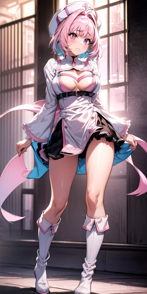 ((Top quality)), (超A high resolution), (Ultra-detailed), (Anatomically correct), (Limbs), (Full Finger), (Precise fingertip detailing), (Intricate iris detail,Pupil depth and three-dimensional effect:1.0), (8K), ((((Perfect Anatomy, Highly detailed skin)))),
1 girl, Riamu Yumemi, Dream Riamu, BBig, 19 years old,
Shiny skin, Large Breasts:0.5, Sharp focus on the chest:1.2, Pretty woman with perfect figure:1.4, (((Large Breastsの谷間))), (信じられないほどLarge Breasts:1.5), Bobcut, Ahoge, Hair blowing in the wind, (Big Hips), smile, Thin abdominal muscles:1.2, ((Beautiful pink hair,:1.4)),
(Very short skirt:1.4) ((Priestessess:1.3, Long sleeve,dress,Knee socks, White Hat, Thigh-high boots, Wide sleeves, white Knee socks)) (Day:1.7),