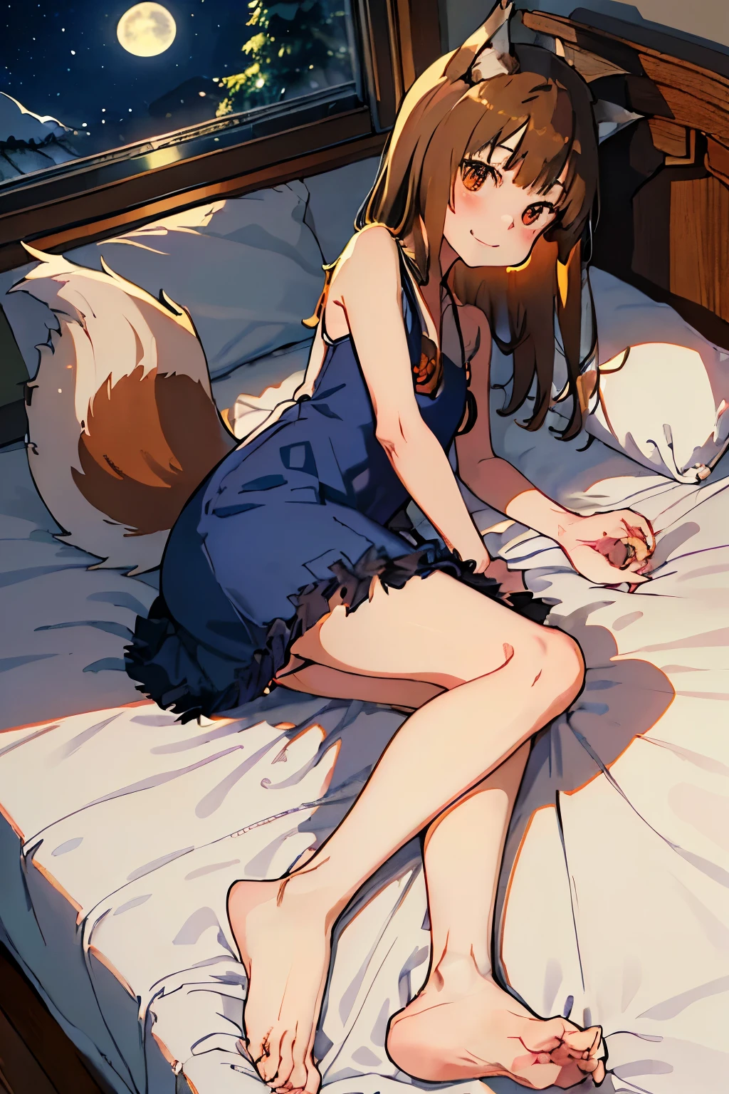 highest quality、High resolution、1 girl、alone、holo、Canine、tooth、Short stature、Narrow shoulders、Thin legs、slender、(Aligning bangs、Light Brown Hair、Wolf Ears、One Tail、holo、Navy Blue Dress、Inn at night、bedroom、(Lying in bed、Lying、Falling with legs together、It has a big tail)