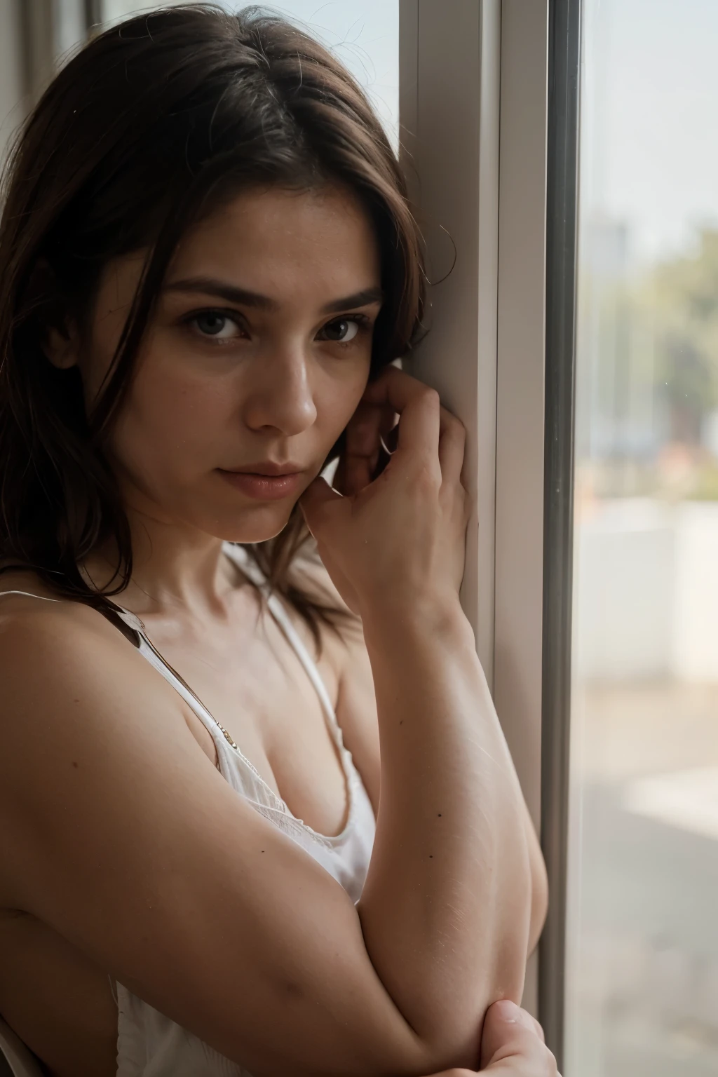 Un personaje mirando hacia el horizonte, with a longing expression, extendiendo su mano hacia una imagen difusa de otra persona en la distancia, symbolizing the desire to be close and support despite separation.