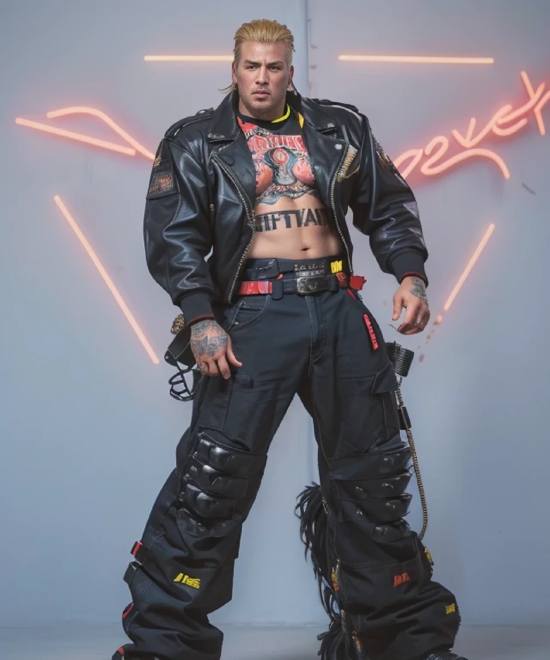 Arafed figure of a man with a neon sign in the background., como personaje de tekken, mechanic punk outfit, de virtual luchadora, personaje de king of luchadores, toma de cuerpo completo hiperdetallada, joe biden como personaje jojo, personaje del juego de lucha, macho sigma, kane del comando & conquer, haris nukem