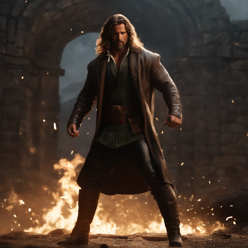 (render 3d profesional:1.3) de (realista:1.3) The most beautiful art photo in the world.，Features smooth and shiny male heroes., ((Epic hero fancy muscle man rough wet hero angry looking long hair short beard and ferocious expression in dynamic pose, fantastic location, Majestuoso entorno desordenado)), Full body 8k unified rendering, sequence of images of something or someone in motion, poro de la piel, very dark lighting, sombreado intenso, detallado, detallado face, (vibrante, realistic photography, realista, dramatic, oscuro, Sharp focus, 8k), (Old leather garments damaged by the elements:1.4), ((((usar piel)))), (intrincado:1.4), decadente, (Muy detallado:1.4), pintura digital, renderizado por octanaje, estaciones de arte, arte conceptual, liso, Sharp focus, illustration, germen de arte, (loico:0.23), Wlop Iliá Kuvshinov, and greg rutkowski and alphonse mucha gracias, (Global lighting, luz de estudio, Volumetric light), Lluvia Pesada, floating particles, lotr, fancy, duende, cuerpo completoesbiano, ((oscuro and ancient city background:1.3)),CGSociedad,estaciones de arte
