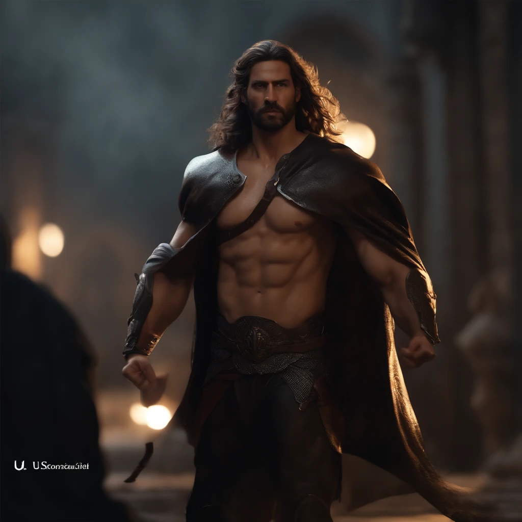 (render 3d profesional:1.3) de (realista:1.3) The most beautiful art photo in the world.,Features smooth and shiny male heroes., ((Epic hero fancy muscle man rough wet hero angry looking long hair short beard and ferocious expression in dynamic pose, fantastic location, Majestuoso entorno desordenado)), Full body 8k unified rendering, sequence of images of something or someone in motion, poro de la piel, very dark lighting, sombreado intenso, detallado, detallado face, (vibrante, realistic photography, realista, dramatic, oscuro, Sharp focus, 8k), (Old leather garments damaged by the elements:1.4), ((((usar piel)))), (intrincado:1.4), decadente, (Muy detallado:1.4), pintura digital, renderizado por octanaje, estaciones de arte, arte conceptual, liso, Sharp focus, illustration, germen de arte, (loico:0.23), Wlop Iliá Kuvshinov, and greg rutkowski and alphonse mucha gracias, (Global lighting, luz de estudio, Volumetric light), Lluvia Pesada, floating particles, lotr, fancy, duende, cuerpo completoesbiano, ((oscuro and ancient city background:1.3)),CGSociedad,estaciones de arte