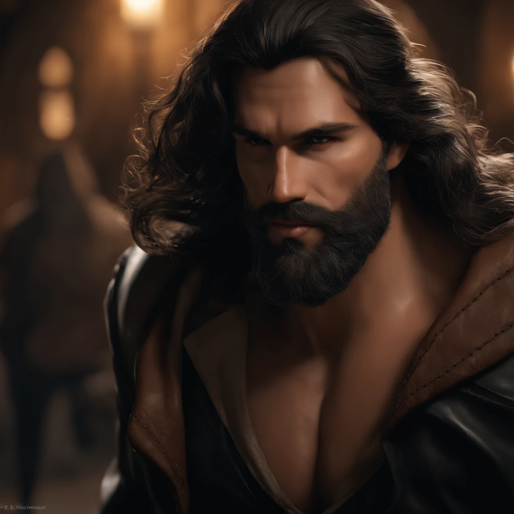 (render 3d profesional:1.3) de (realista:1.3) The most beautiful art photo in the world.,Features smooth and shiny male heroes., ((Epic hero fancy muscle man rough wet hero angry looking long hair short beard and ferocious expression in dynamic pose, fantastic location, Majestuoso entorno desordenado)), Full body 8k unified rendering, sequence of images of something or someone in motion, poro de la piel, very dark lighting, sombreado intenso, detallado, detallado face, (vibrante, realistic photography, realista, dramatic, oscuro, Sharp focus, 8k), (Old leather garments damaged by the elements:1.4), ((((usar piel)))), (intrincado:1.4), decadente, (Muy detallado:1.4), pintura digital, renderizado por octanaje, estaciones de arte, arte conceptual, liso, Sharp focus, illustration, germen de arte, (loico:0.23), Wlop Iliá Kuvshinov, and greg rutkowski and alphonse mucha gracias, (Global lighting, luz de estudio, Volumetric light), Lluvia Pesada, floating particles, lotr, fancy, duende, cuerpo completoesbiano, ((oscuro and ancient city background:1.3)),CGSociedad,estaciones de arte