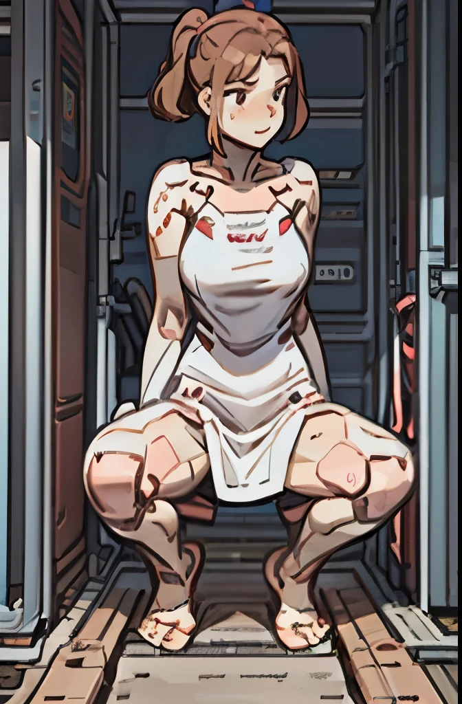 A Female robot is sleeping in a fridge, spread legs, nude, banzai pose. she wears no dress. She Brown short hair is tied with two big red clothespins, She lifts up the under hem of her white plain dress, leaning over, masterpiece, very short pigtails,brown hair, mature, android, blue eyes, full body figure, Height: 160cm, flushed cheeks, 2020s anime picture, A beautiful robot with short brown hair in two short pigtails held up by two very large huge red clothespins, Uplifting, No NSFW, whole body, barefoot, archaic smile, getting orgasm, 25 years old, sweat bucket. robot skin.