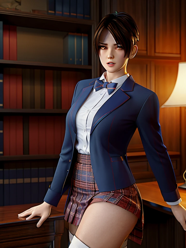 1girl, solo, looking at viewer, blush, short hair, open mouth, bangs, skirt, brown hair, shirt, thighhighs, long sleeves, bow, hair between eyes, brown eyes, , standing, jacket, white shirt, pleated skirt, striped, collared shirt, black thighhighs, indoors, miniskirt, bowtie, blue skirt, zettai ryouiki, book, plaid, dress shirt, blue bow, plaid skirt, arms behind back, blazer, spiked hair, brown jacket, striped bow, bookshelf, blue bowtie, striped bowtie