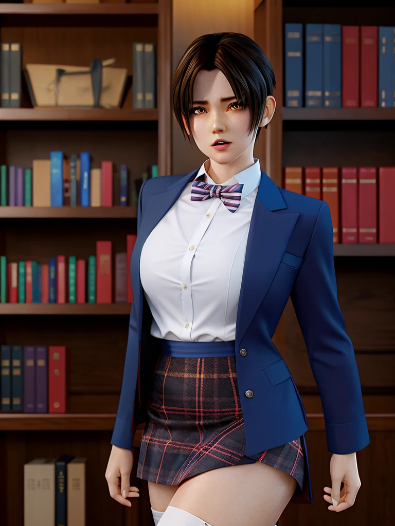 1girl, solo, looking at viewer, blush, short hair, open mouth, bangs, skirt, brown hair, shirt, thighhighs, long sleeves, bow, hair between eyes, brown eyes, , standing, jacket, white shirt, pleated skirt, striped, collared shirt, black thighhighs, indoors, miniskirt, bowtie, blue skirt, zettai ryouiki, book, plaid, dress shirt, blue bow, plaid skirt, arms behind back, blazer, spiked hair, brown jacket, striped bow, bookshelf, blue bowtie, striped bowtie