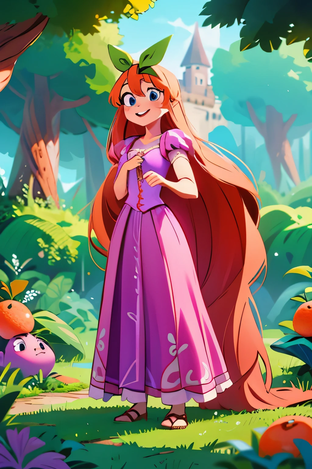 Fusion between Rapunzel from disney and Yotsuba Nakano, good fusion, excellent character design, masterpiece, 4k, perfect anatomy, perfect face, perfect eyes, 1girl, solo, full body, yotsuba nakano wearing rapunzel's dress, long long orange hair, red hair, pink hair, orange hair, extremely long hair, bangs, hair between eyes, green ribbon on hair, hair ribbon, blue eyes, athletic, muscular, purple rapunzel dress, smiling, cute, lovely, lovely expression, simply nature magical background, full body, standing up