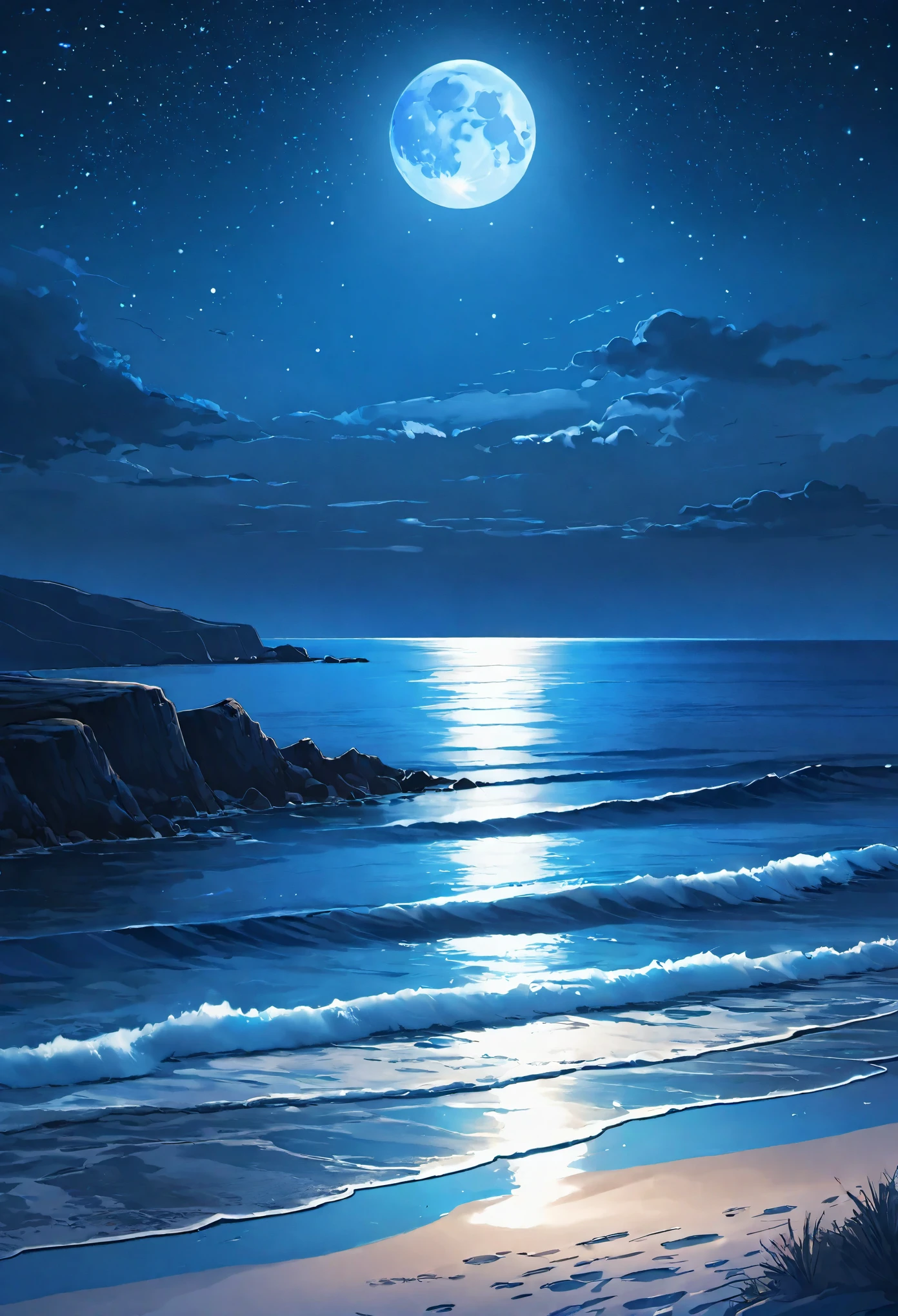 (best quality,8k,highres, masterpiece:1.2), ultra-detailed, HDR, UHD, studio lighting, ultra-fine painting, sharp focus, physically-based rendering, extreme detail description, professional, vivid colors, portraits, concept artists, warm color palette, dramatic lighting,Beautiful coast, midnight,blue moon on the horizon, on the shore, beautiful ripples of waves, distant view, stars visible, overall blue landscape, blue coast, no people, some islands in the distance,Beautiful coast, before dawn, full moon on the horizon, on the shore, beautiful ripples of waves, distant view, stars visible, overall blue landscape, blue coast, no people, some islands in the distance,