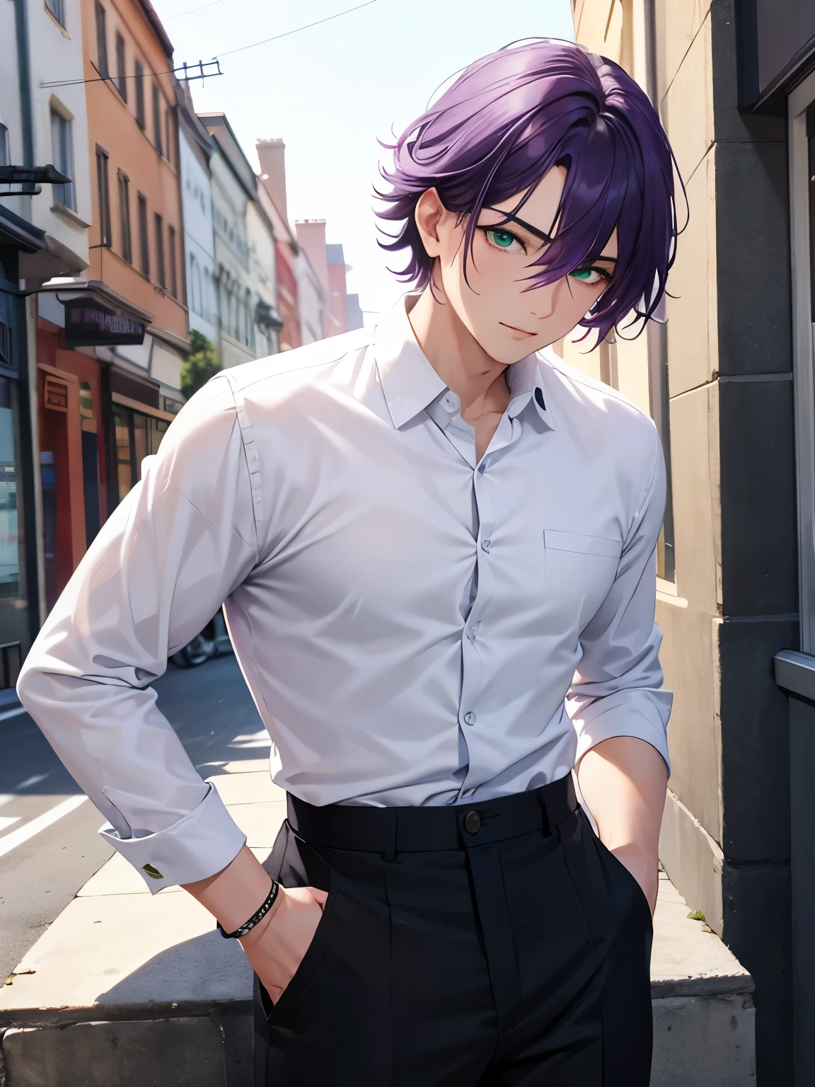 1adult male,25 years old,Purple hair, green eyes, white shirt, black trousers, ultra HD, ultra detailed