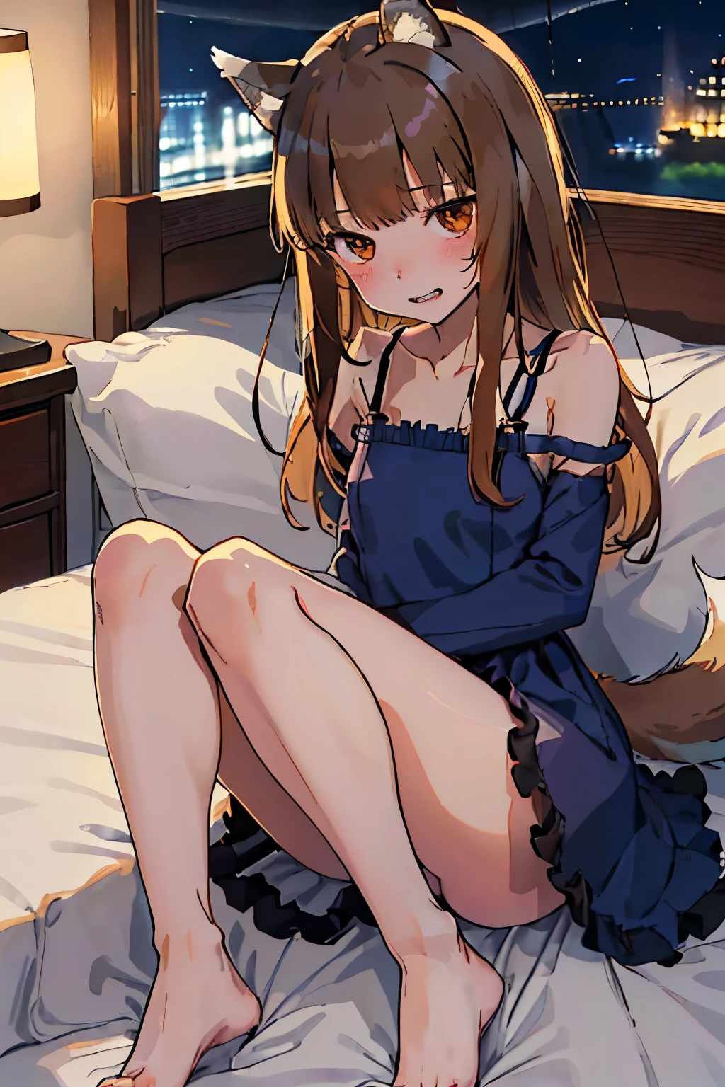 highest quality、High resolution、1 girl、alone、holo、Canine、tooth、Short stature、Narrow shoulders、Thin legs、slender、(Aligning bangs、Light Brown Hair、Wolf Ears、One Tail、holo、Navy Blue Dress、Inn at night、bedroom、(Lying in bed、Lying、Falling with legs together、It has a big tail)