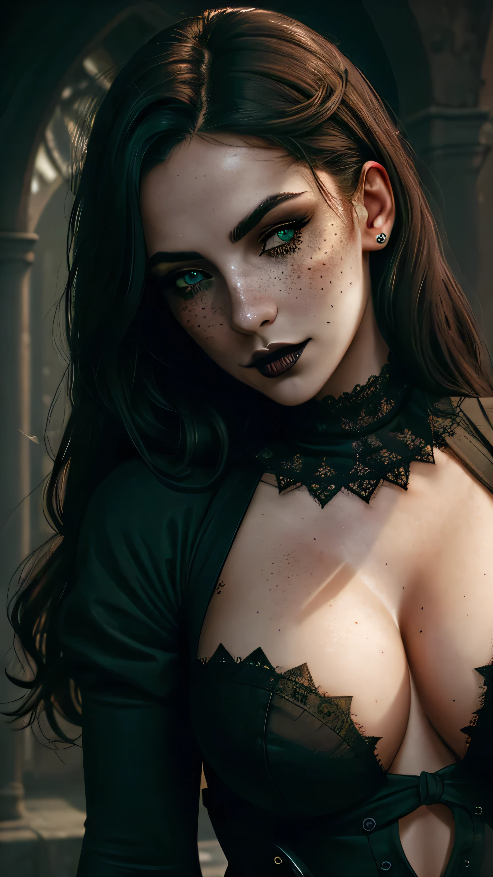 (best quality, hyperdetailed photography:1.2), beautiful lady, freckles, gothic dark makeup, soft light, perfect breast, cover, (detailed beautiful face, detail skin texture, ultra-detailed body:1.1) sexy vampire girl, green eyes, perfect body,