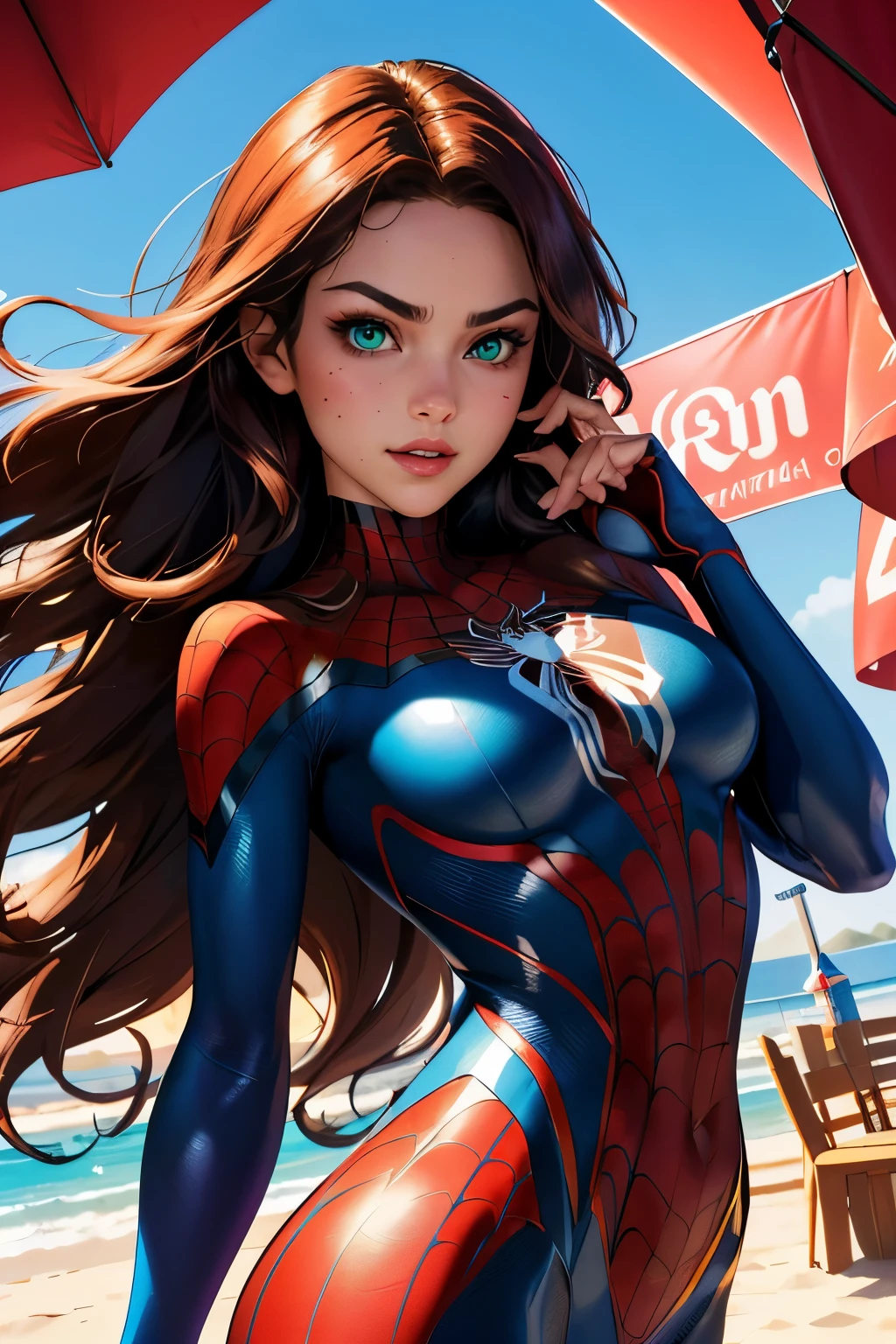 Spider-girl, with her alluring curves and long, wavy hair, exudes an irresistible charm as she prepares for a fight in her stylish game. The hyper-realistic, high-definition image captures every detail of her artistic costuming, from the dynamic Spider-emblem on her chest to the intricate web-patterns adorning her arms. Her expressive, seductive facial features, complete with smoldering, parted lips and captivating, green eyes, add an undeniable air of confidence and determination. The dynamic lighting casts captivating shadows over her toned physique, drawing the viewer in closer for a more intimate glance.