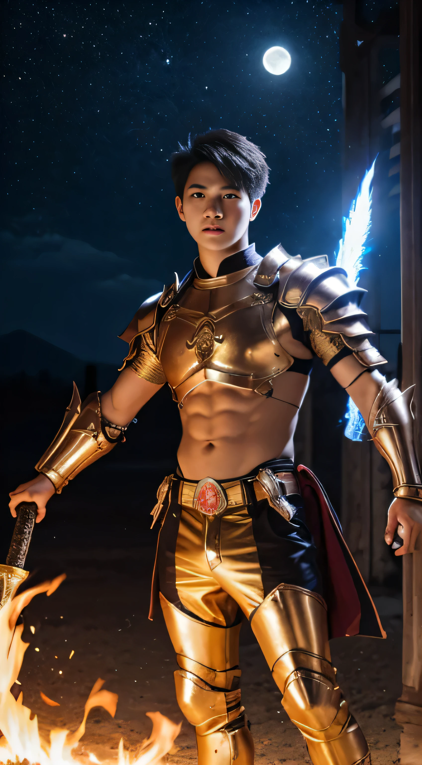 A asian boy like Mighty Archangel Michael,19 years old, handsome, Full Body Shoot, Short Quiff hairstyle, (eyes contact), look at camera, detailed facial parts, Manly, with a muscular constitution :: high detail, is in battle armor, flaming blue sword of golden pearls, a flaming sacred aura radiating from his body, without wings, moon background, surreal, fantasy, magical, intricate details, (dynamic upper body posture: 1.1), depth of field. Best quality, masterpiece, ultra high resolution, (anime realism, photorealistic: 1.4), perfect composition, centered, symmetry