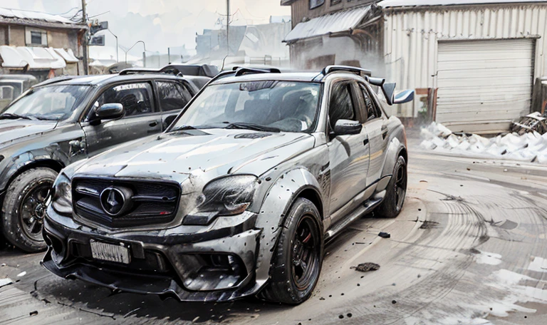  Eight thousand, steel gray body, Mercedes, HD,  Mercedes, ，(LB-Works Full Version: walk)、(86 Gas Turbine)、(drift)、Sponsor logo、future、Racing Specifications、(Gorgeous design)、Live Recording、detail、Deep Edge、Wide tires、Track、Turn on the light， A perfect masterpiece, Low resolution, hdr render, Made with photoshop