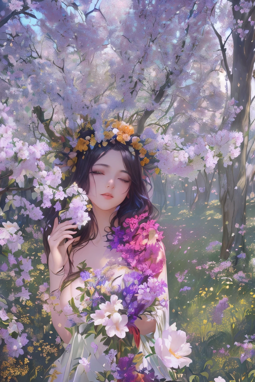 a painting of a woman with a flower crown on her head, flower goddess, woman in flowers, she has a crown of flowers, a goddess in a field of flowers, covered with flowers, mucha klimt and tom bagshaw, girl in flowers, persephone in spring, flower queen, goddess of spring, jinyoung shin art, female portrait with flowers, RAW photo of (adult:1.3),a  female burst of tangy crimson cascades,entwining magic and technology with viscous allure disappears into the shadows,in a neo-expressionist masterpiece of gold embrace,topless,small breasts,hair between eyes,(skinny, thin body:0.4),(chiaroscuro:1.3),(octane render masterpiece,masterpiece scale,beautiful depth of field,ultra wide field,ultra detailed CG perspective,ultra dynamic lighting amazing shadows,dramatic lighting), Convey the sense of inner strength and confidence. Introduce a gentle, atmospheric haze in the environment, creating a soft diffusion of light and giving the impression of gold aura and presence.