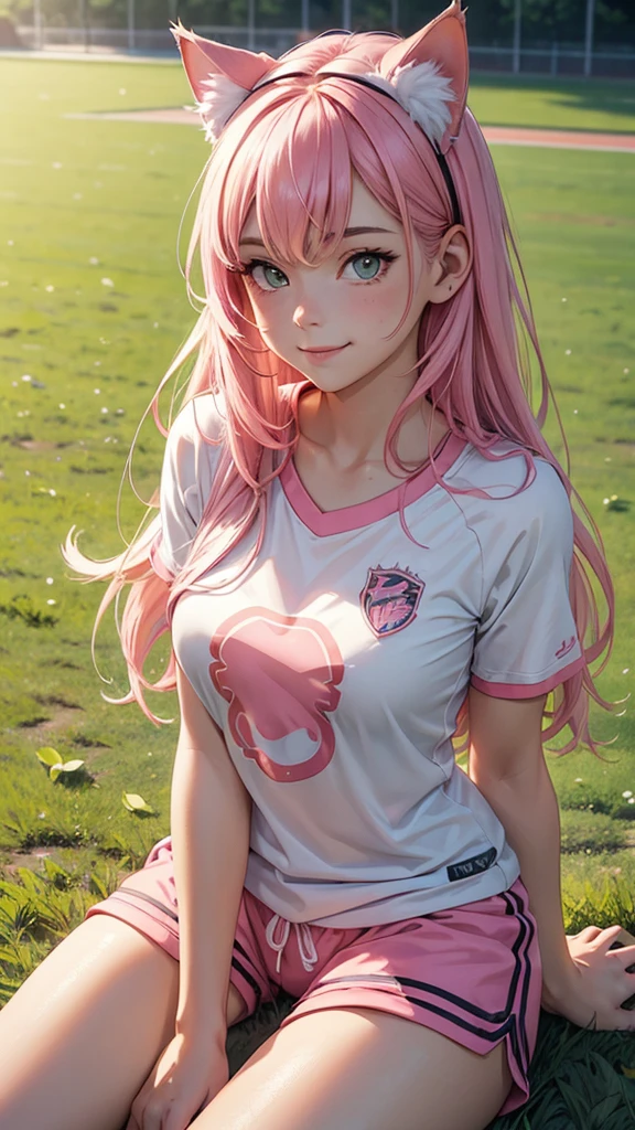 (high resolution, upper body, soft skin:1.2),(best illustration,masterpiece:1.2),ultra-detailed,[(cat ears ,pink inside:1.2),vivid colors,sharp focus,portrait,studio lighting,bokeh, wearing a female soccer jersey and shorts, field background, full body portrait, smiling, sitting on the grass,