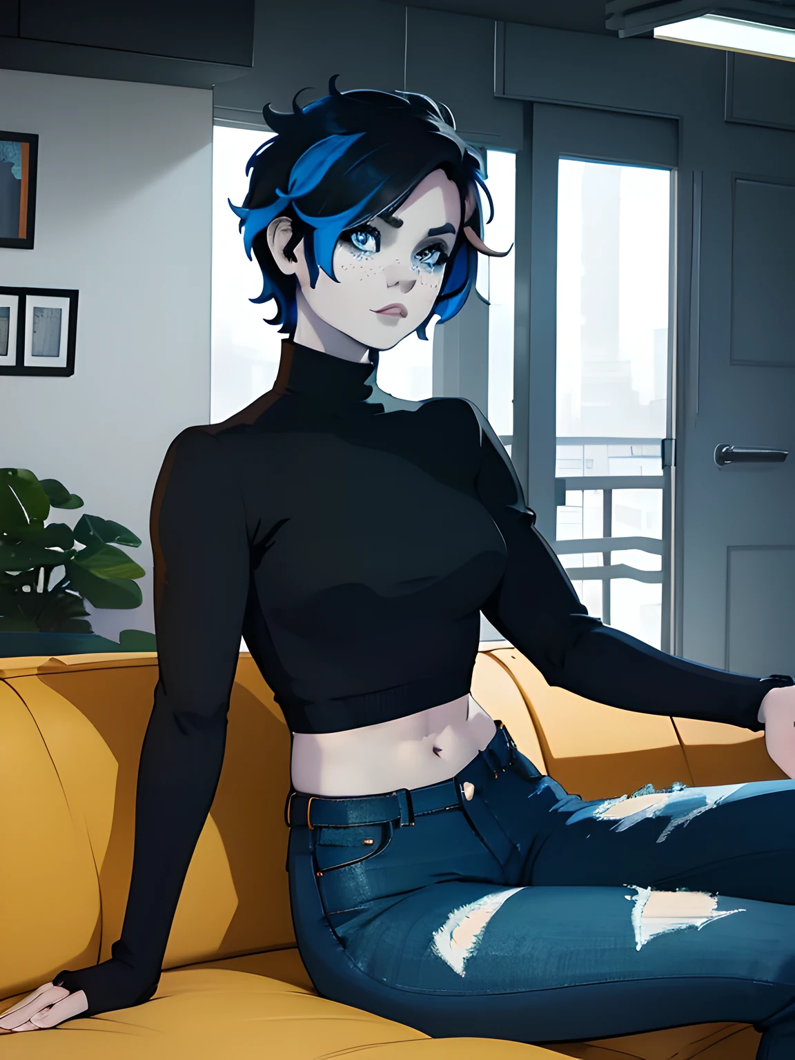 (masterpiece, best quality), indoors, apartment, sitting, couch, 1girl, solo, fortunesub, pale skin, freckles, eyeliner, blue eyes, medium breasts, short hair, two-tone hair, turtleneck sweater, jeans, [[toned, abs]], navel