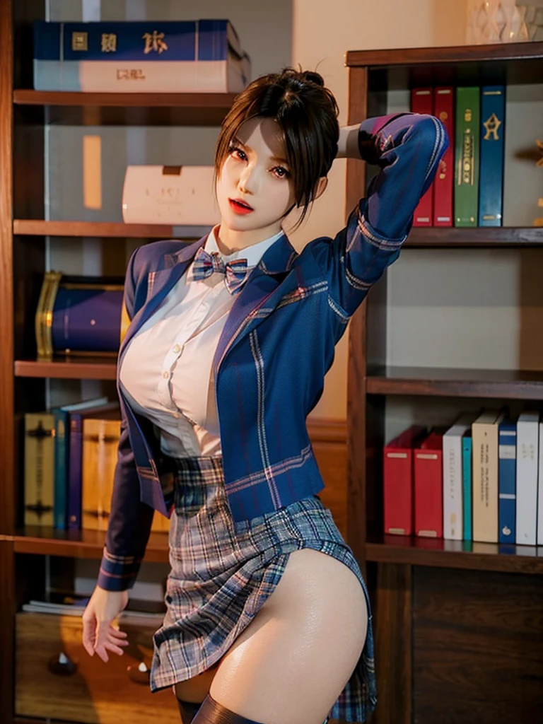 1girl, solo, looking at viewer, blush, short hair, open mouth, bangs, skirt, brown hair, shirt, thighhighs, long sleeves, bow, hair between eyes, brown eyes, , standing, jacket, white shirt, pleated skirt, striped, collared shirt, black thighhighs, indoors, miniskirt, bowtie, blue skirt, zettai ryouiki, book, plaid, dress shirt, blue bow, plaid skirt, arms behind back, blazer, spiked hair, brown jacket, striped bow, bookshelf, blue bowtie, striped bowtie