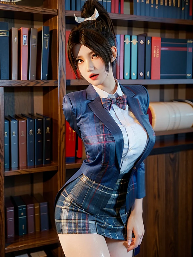 1girl, solo, looking at viewer, blush, short hair, open mouth, bangs, skirt, brown hair, shirt, thighhighs, long sleeves, bow, hair between eyes, brown eyes, , standing, jacket, white shirt, pleated skirt, striped, collared shirt, black thighhighs, indoors, miniskirt, bowtie, blue skirt, zettai ryouiki, book, plaid, dress shirt, blue bow, plaid skirt, arms behind back, blazer, spiked hair, brown jacket, striped bow, bookshelf, blue bowtie, striped bowtie