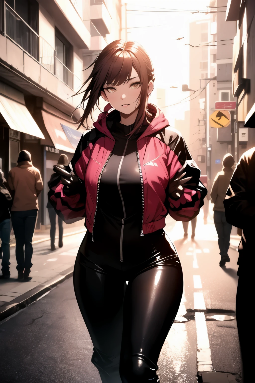 A stunning image of a red-haired woman, hair in a ponytail, her bright eyes super detailed, full lips painted red, chiseled physique and wide hips. She wears a closed black leather jumpsuit, whose shiny surface accentuates her shape. A windbreaker with a hood and a neon pink interior covers your shoulders. Walking down a busy street, she attracts glances from onlookers. This image exudes realism, capturing the essence of a fragile and embarrassed figure. Digital art, high definition and photorealistic technique